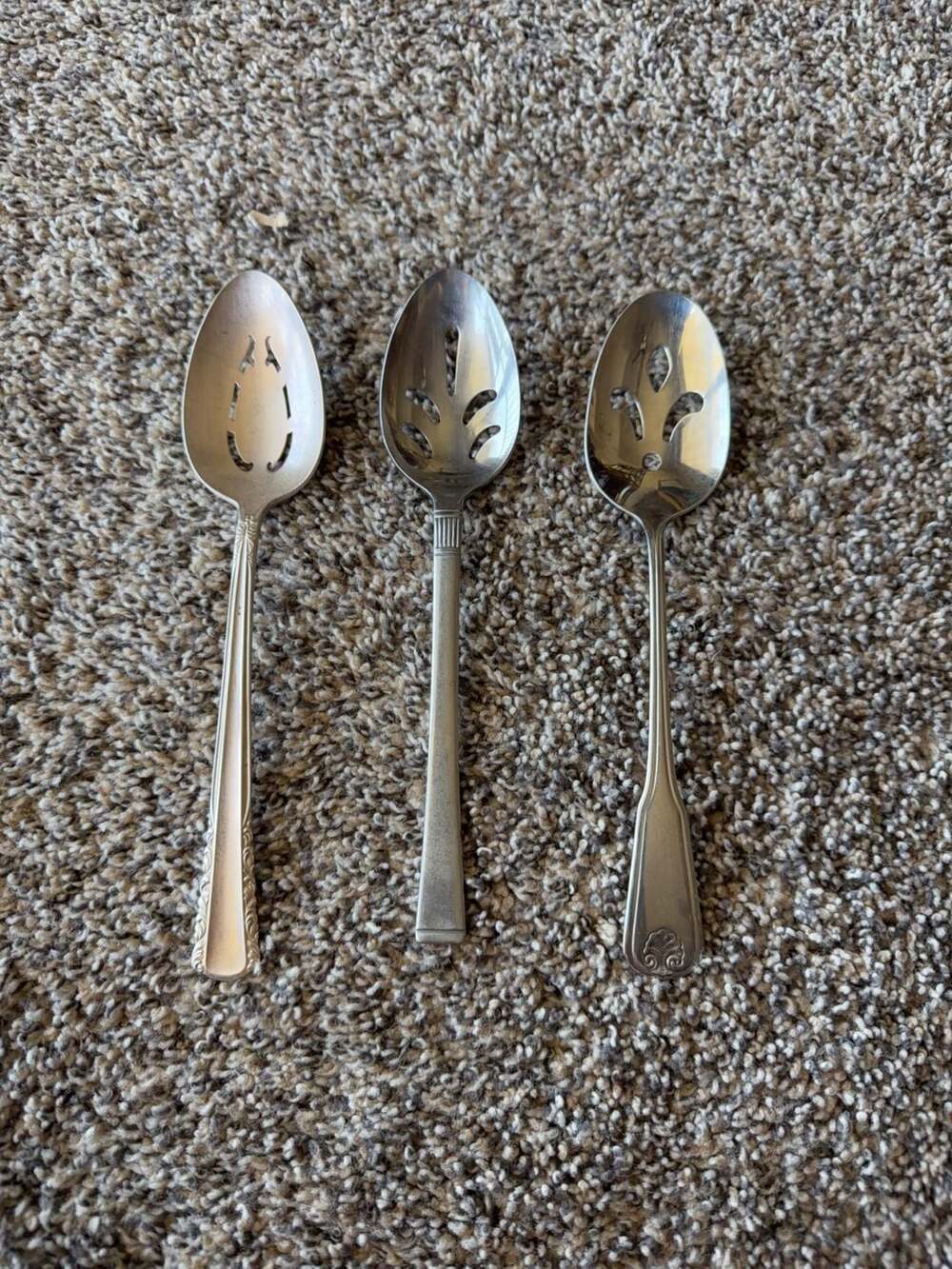 Set of 3 Vintage Mixed Pattern Stainless Steel & Deep silver Slotted Serving Spo